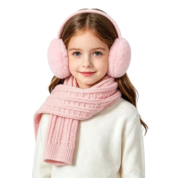 Cififendec Kids Winter Knit 2-Piece Accessory Pack, Plush Earmuff and Ribbed Scarf, Solid Color Insulated Set for Boys Girls, Pink