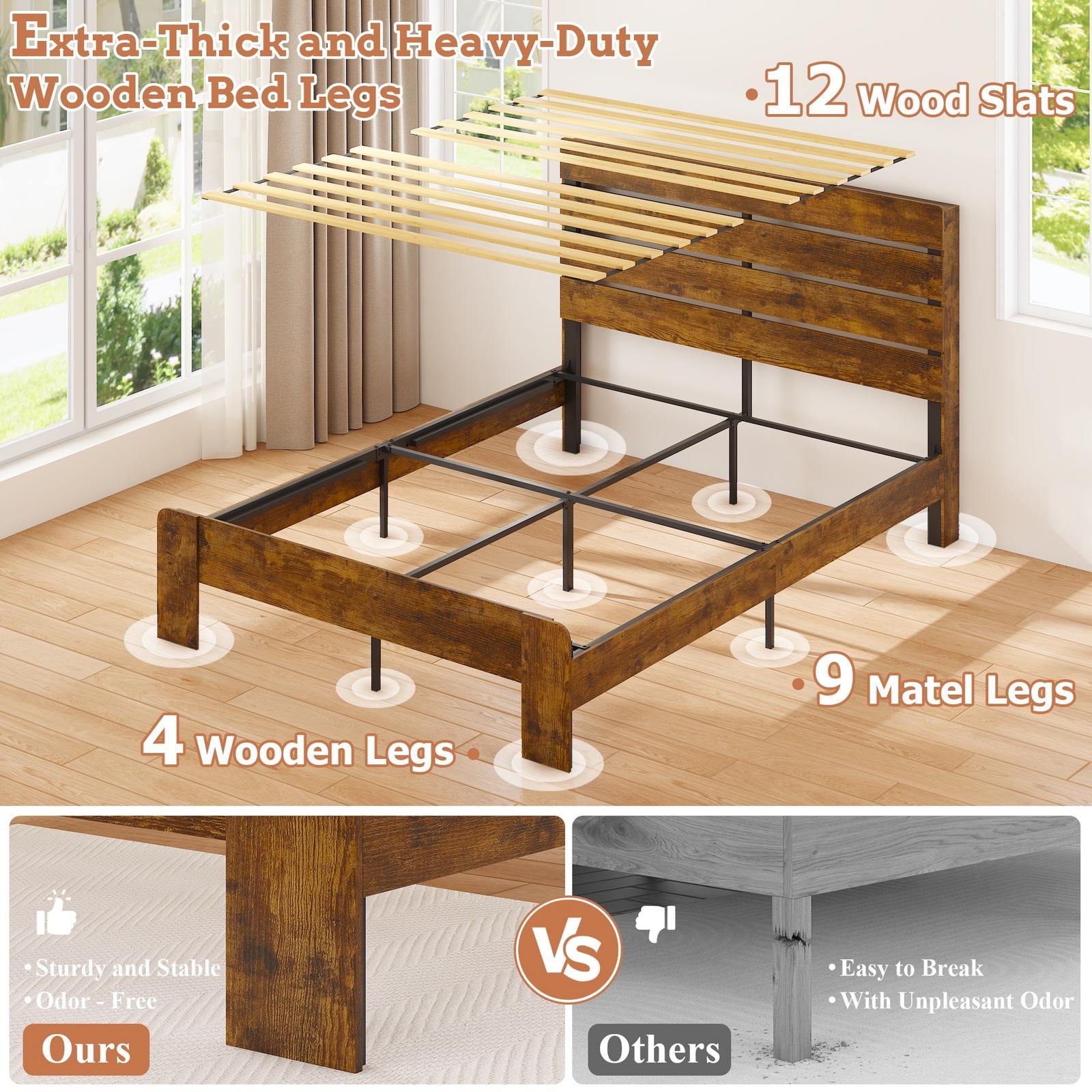 Wood Queen Bed Frame with Headboard, Holaki Rustic Farmhouse Platform Bed Frame with USB Port & LED Lights, Heavy-Duty Wood & Metal Frame, No Box Spring Needed, Easy Assembly