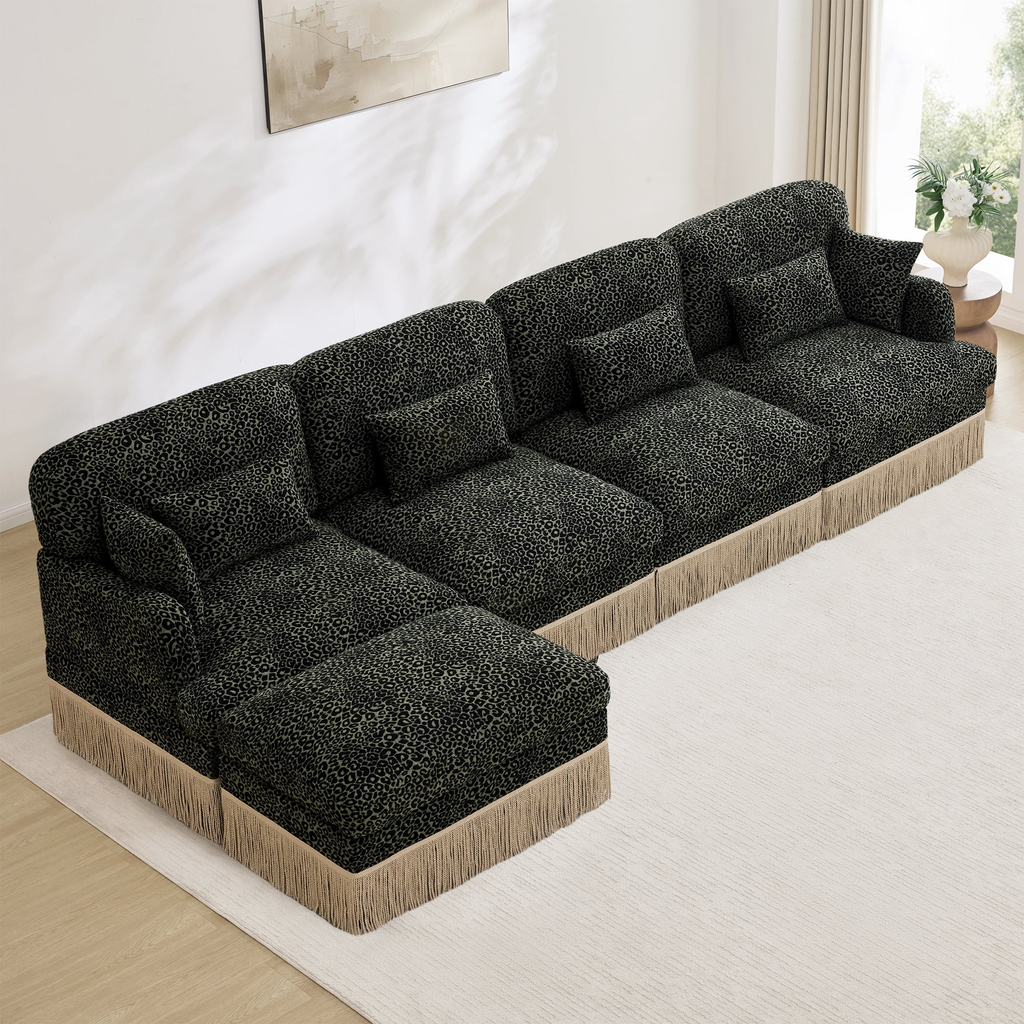 131" Chenille Leopard Tassel Deep Seat L Shape 4 Seater Modular Sofa Couch with 6 Throw Pillows and Ottoman