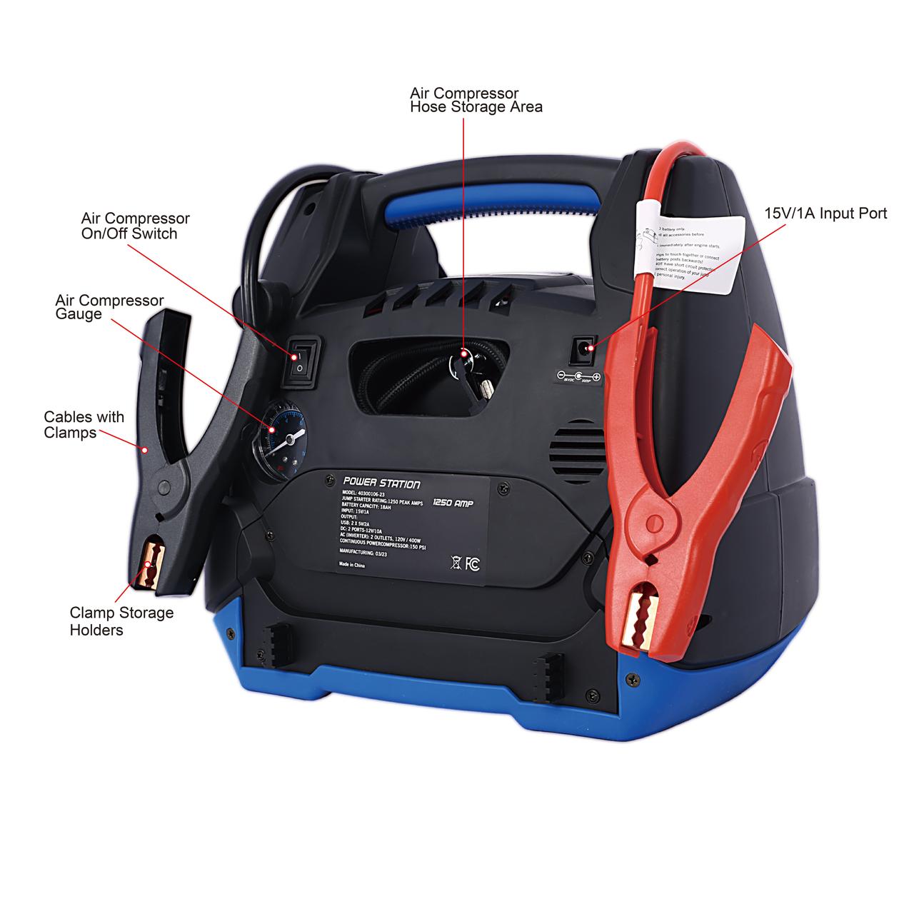 iRerts 1800 Peak Amp Jump Starter, Rechargeable Jump Starter for Gas Diesel Vehicles, Portable Power Station Powerhouse with Air Compressor, 2 DC Outlets, 2 AC Outlets, and 2 USB Ports - image 3 of 10