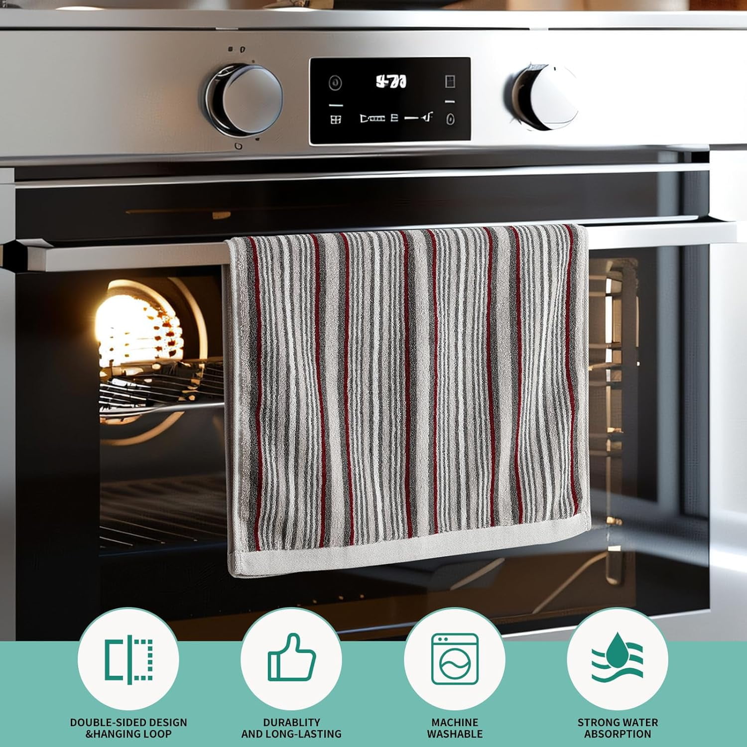 KitchenKey Premium Cotton Kitchen Dish Towels for Drying Dishes,Large Long Kitchen Hand Towels, Thick Highly Absorbent Dish Clothes Tea Towel Sets with Hanging Loop, 16" X 26",4 Pcs,Gray and Wine Red