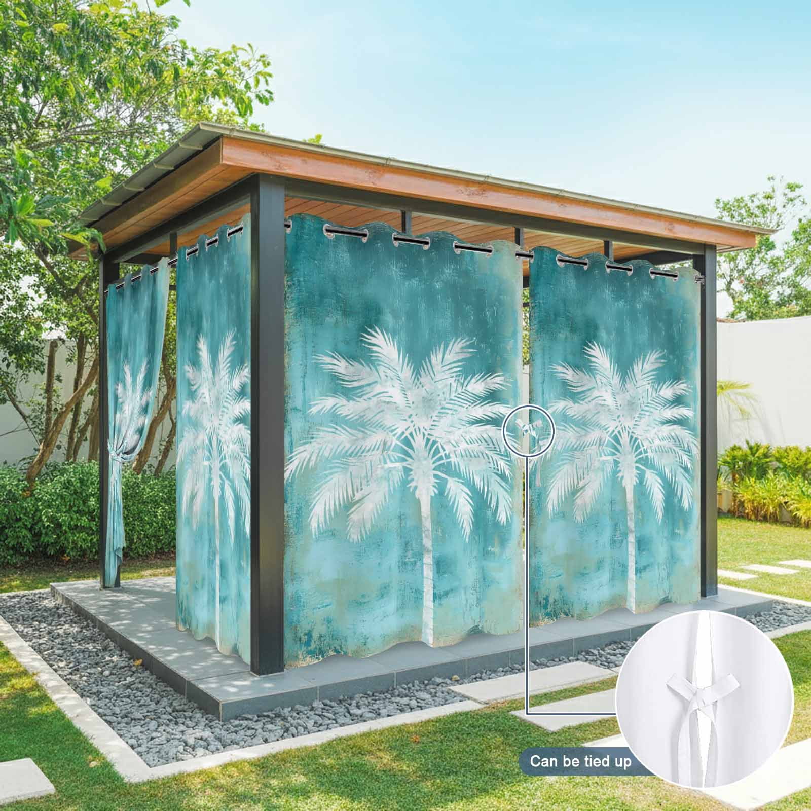 Palm Leaf Outdoor Curtains for Patio, Coastal White Palm Tree Teal Green Sunshade Privacy Drapes Grommet Waterproof Outside Curtains for Porch/Cabana/Balcony 54"x 108", 1 Panel