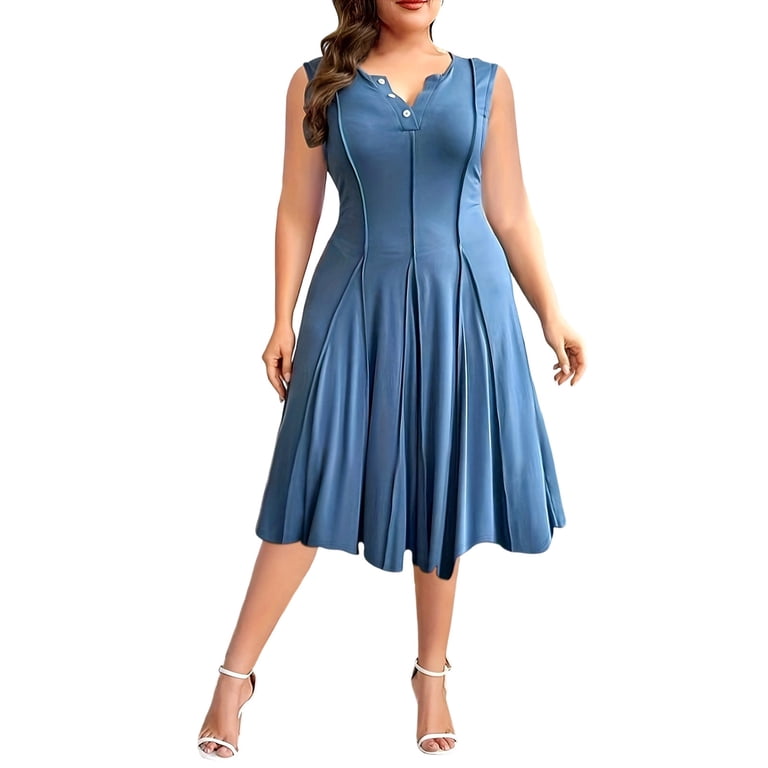 mid size cocktail dress Hvobtty Summer Women's Sleeveless Cocktail-Length A-Line Dress Plus Size V Neck Contrast Stripe A Line Mid Length Out Wear, Size: 5XL, Blue