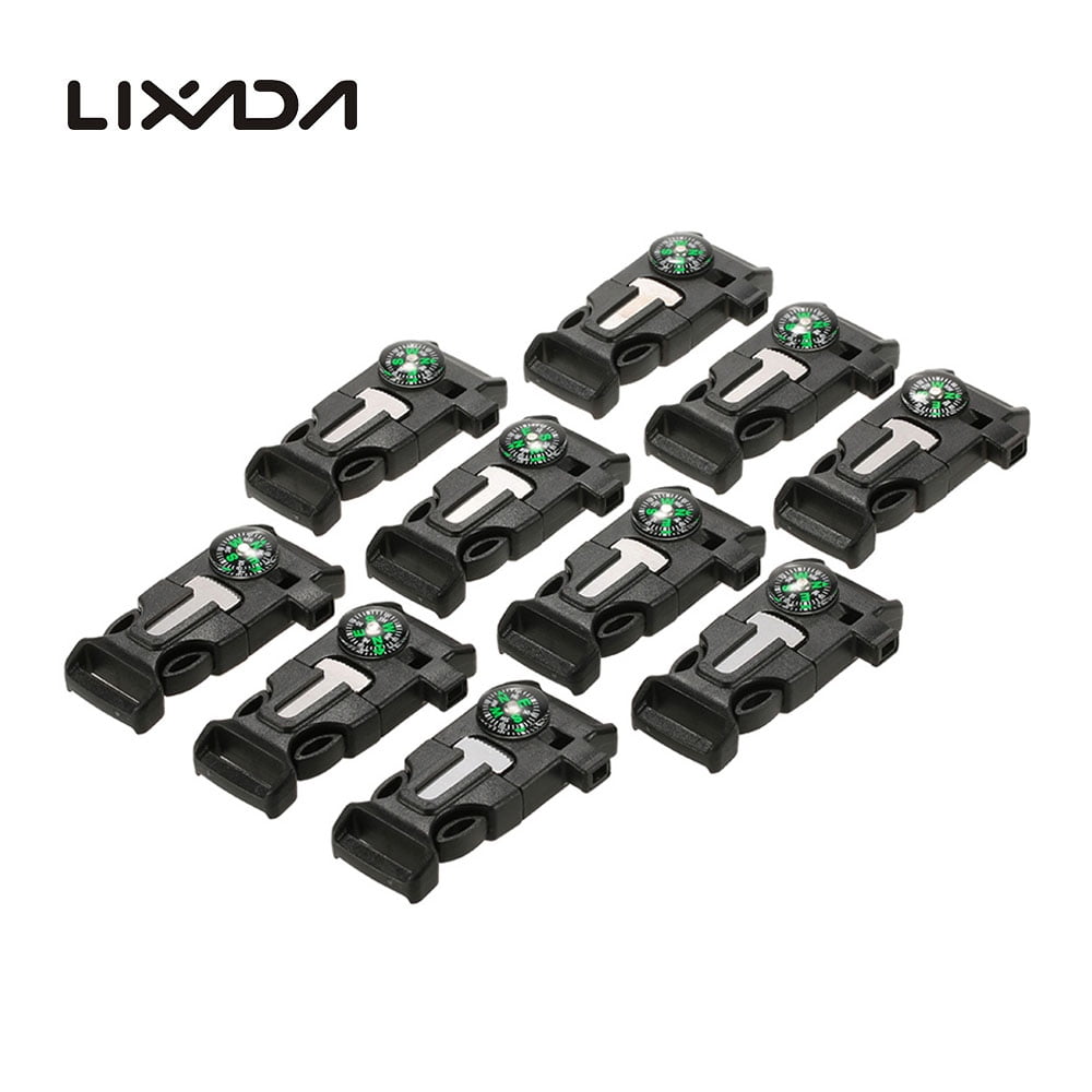 Lixada 10Pcs Emergency Whistle Buckle with Flint Scraper Fire Starter and Compass for Outdoor Camping Hiking Paracord Bracelet
