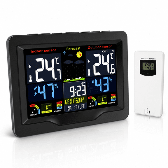 Weather Station Wireless Indoor Outdoor Thermometer,Color Display Forecast Station,Digital Thermometer Hygrometer Monitor with Atomic Clock,Remote Sensors,Adjustable Backlight,Time Alert