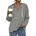 thumbnail image 3 of QAFOPEH Womens Stripe Printed V Neck Long Sleeve Pocket Loose Drawstring Hoodies Tops, 3 of 7