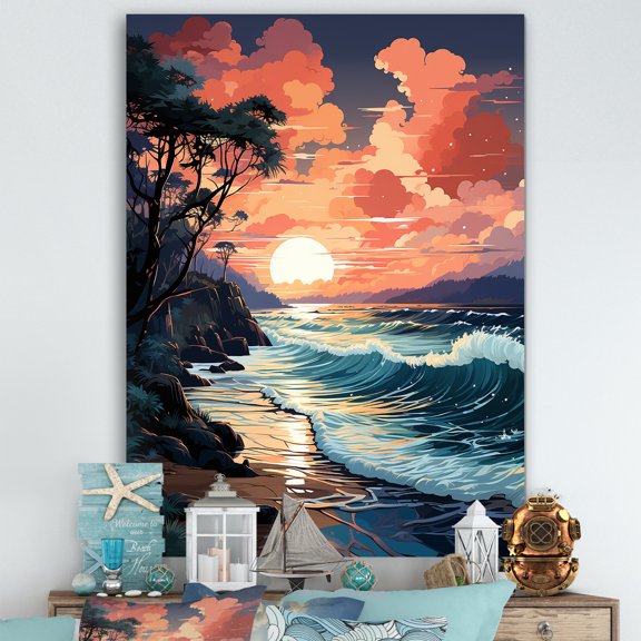 Designart "Bold Beach Beauty Orange Sunset Scene II" Coastal Canvas Wall Art - Coastal Blue Coastal Beach Entryway Wall Art Print