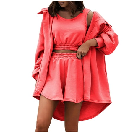 

Dadaria 2 Piece Outfits for Women Shorts Set with Jacket 3 Piece Leisure Sets For Open Front Tops + Crop Tops + Shorts Bottoms With Elastic Waist Comfortable Suit Sets Red XL Female