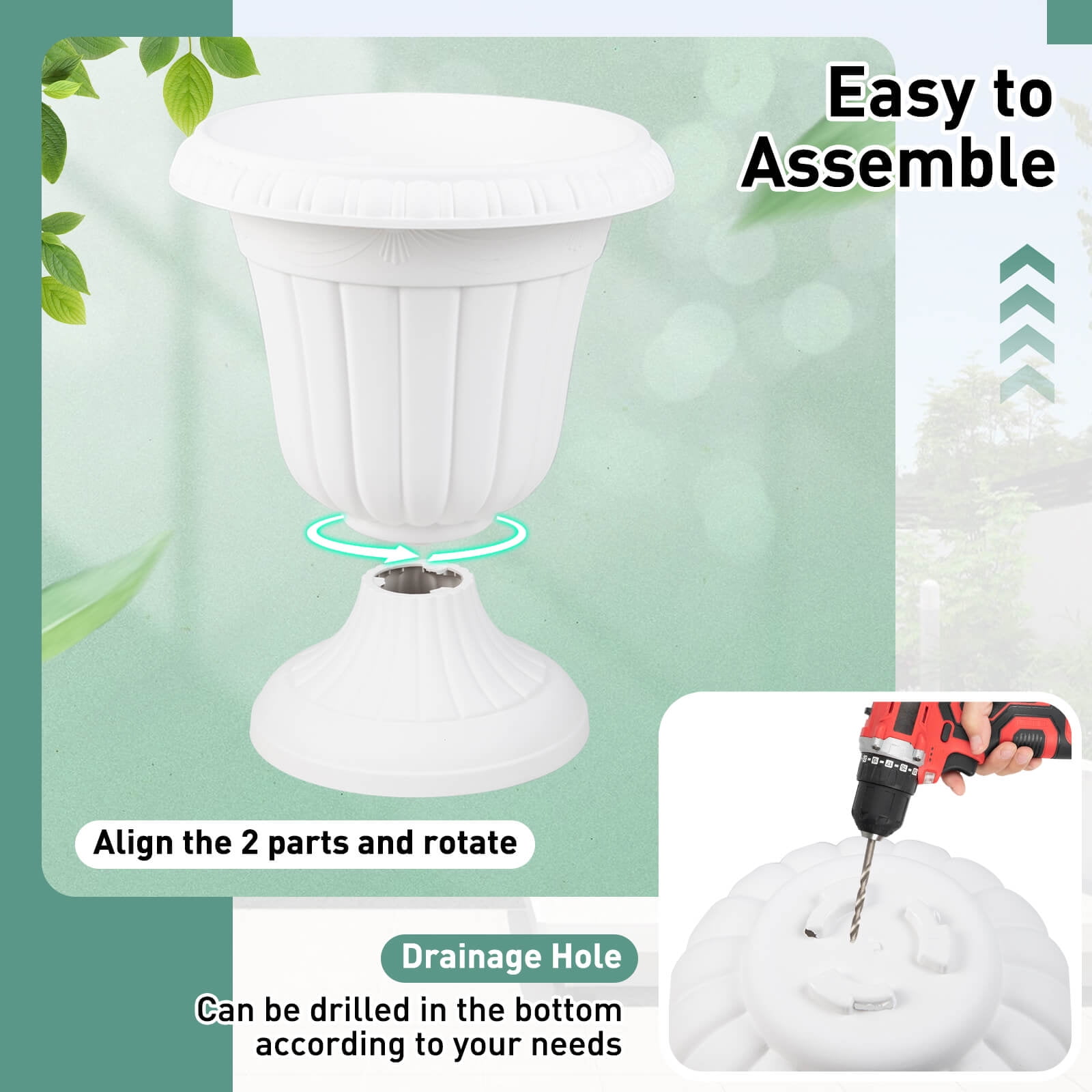 Costway 18 inch Tall Vintage Planters Set of 4 with Pedestal Base & Pre-marked Drain Hole White