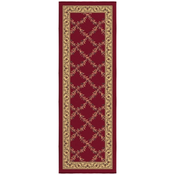 Ottomanson Trellis Bathroom Runner Rug 20" x 53" - Non Slip Low Pile Carpet, Burgundy Red