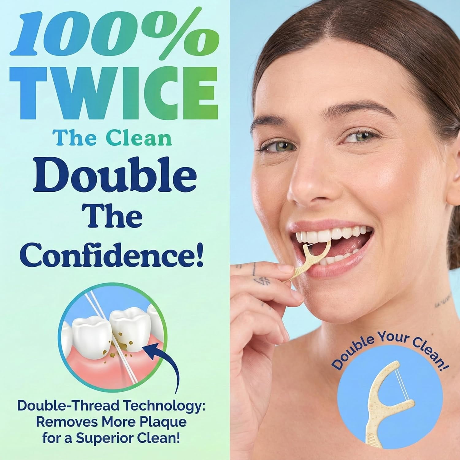 Twin Line Dental Floss Picks (220 Count) – Tooth Flossers Made with Wheat-Straw, Double Thread for 2X Clean, Minty Fresh, Smooth , Shred-Resistant | Travel Case Holds 10