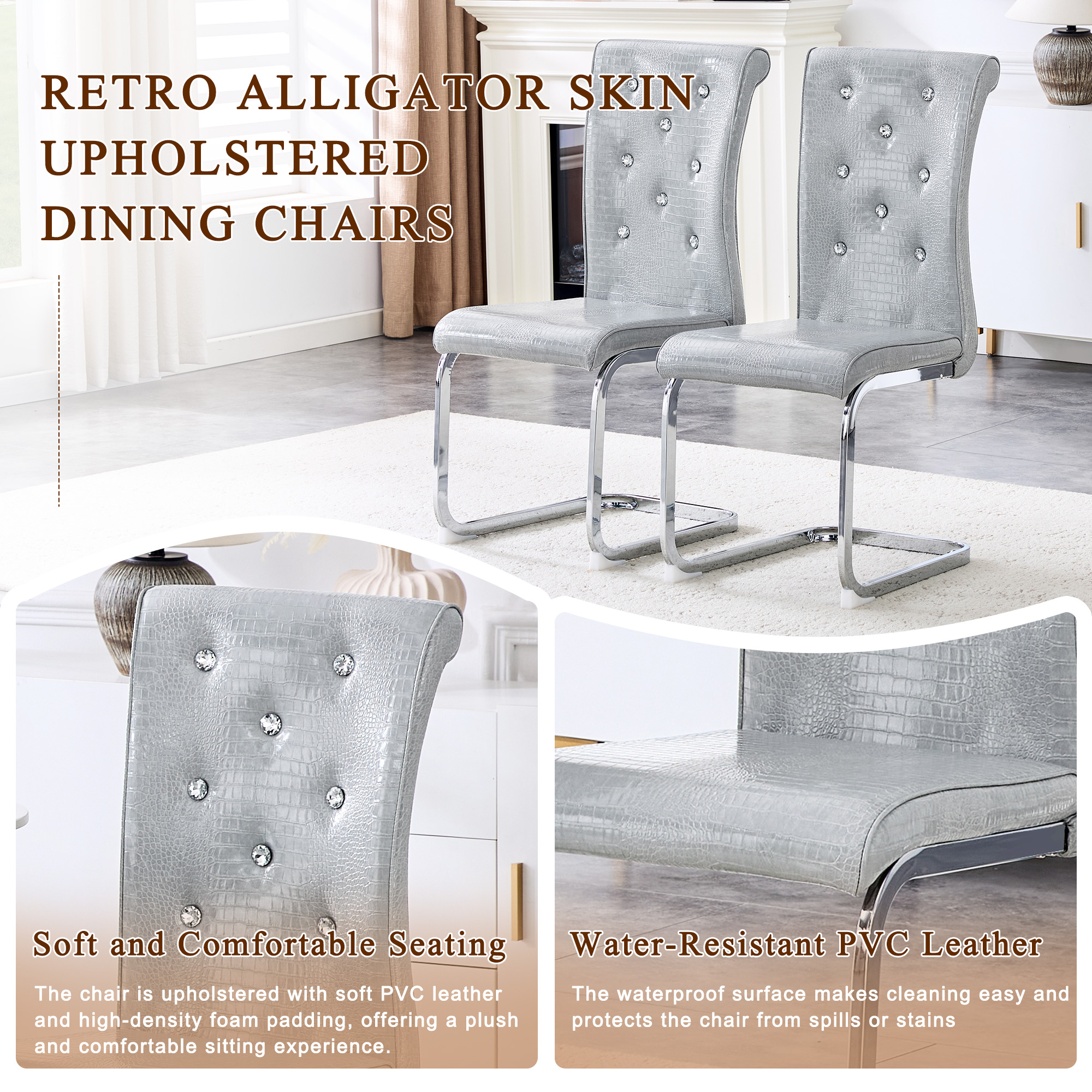 Aukfa Modern Dining Chairs Set of 2 , 400 lbs Heavy-Duty Faux Alligator Leather Kitchen Chairs with Crystal Button Tufted High Back,Gray