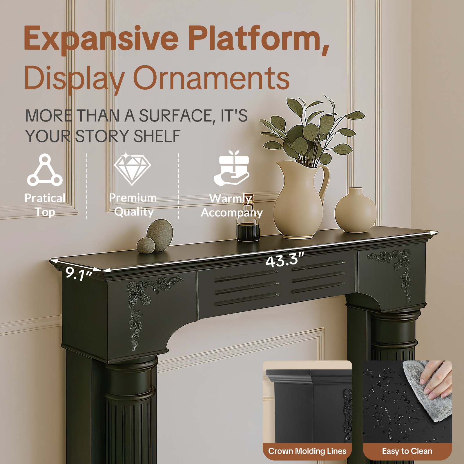 OUINCH 43.3" Fireplace Mantel, Freestanding Fireplace Surround with Leg for Electric Fireplaces, MDF Mantel Surround with Shelf for Living Room with Decorative Pattern, Anti-Tipping & Waterproof