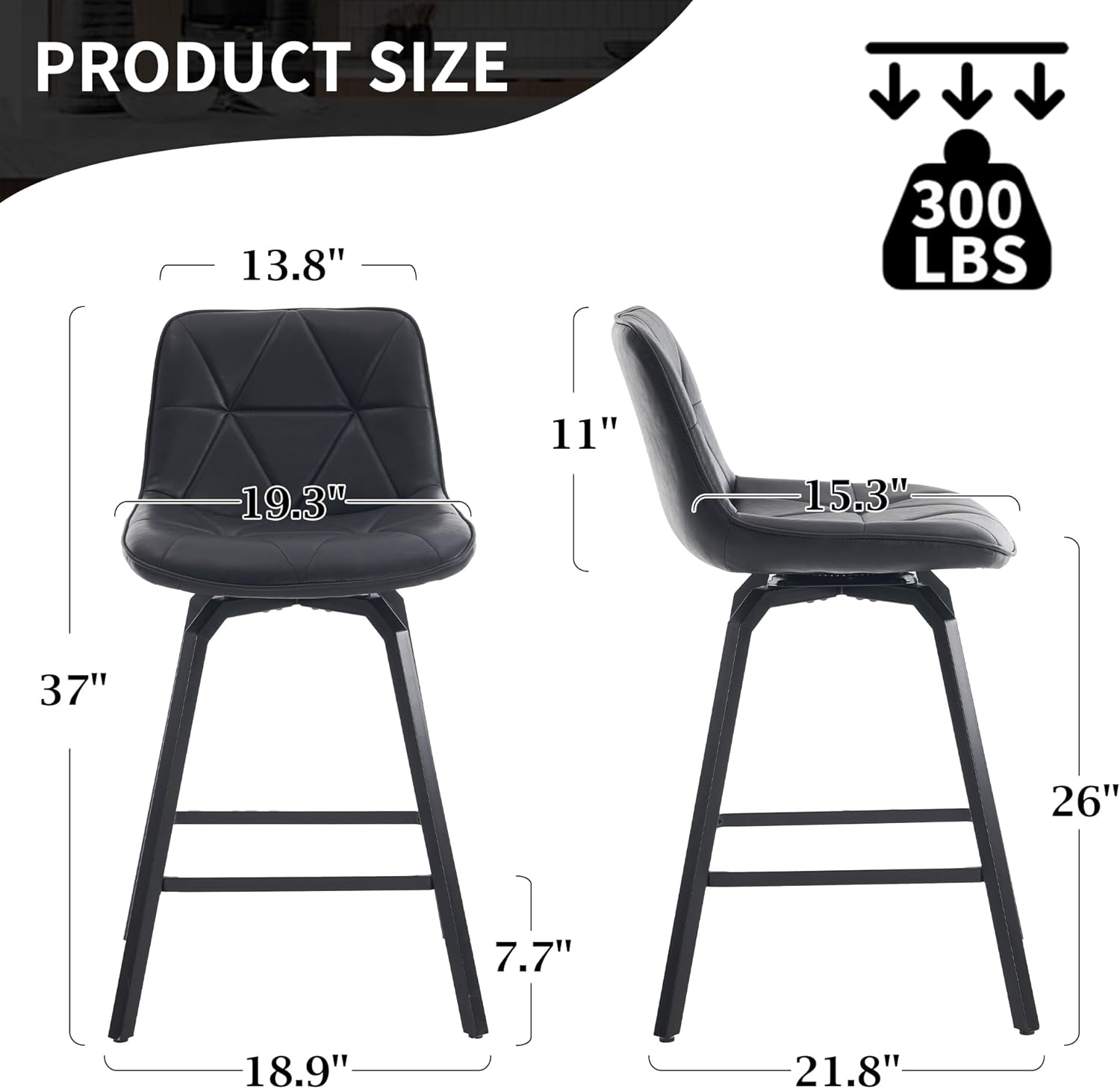Fancrou 26″ Swivel Counter Height Bar Stools Set Of 3, Triangular Pattern Faux Leather Seat With Metal Legs And Back, Retro Black