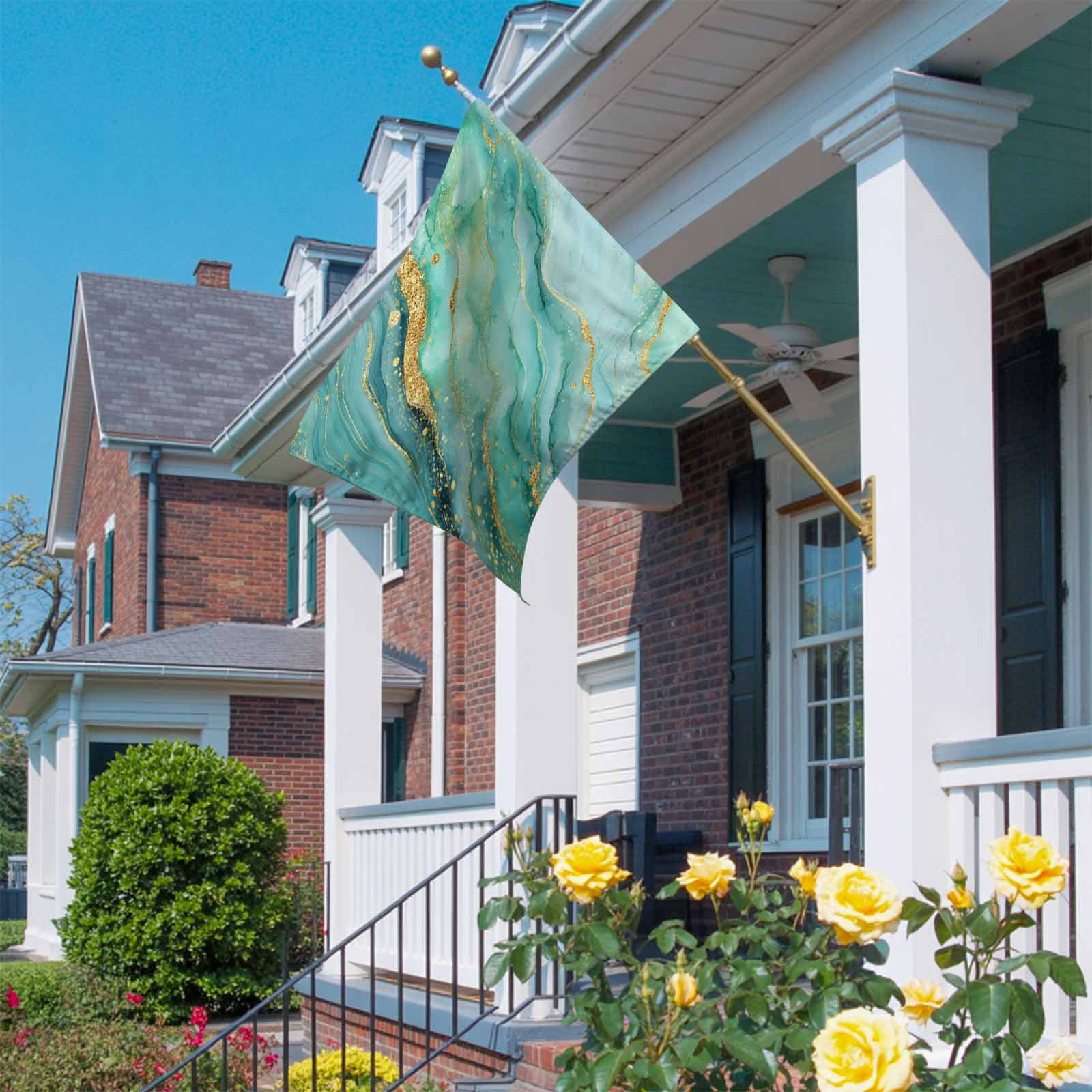 Turquoise Marble House Flag 28 x 40 Inches, Luxurious Abstract Teal Gold Water Ripples Weather Proof Outdoor Patio Flags Double Sided Small House Decoration for Yard Lawn Outside Home