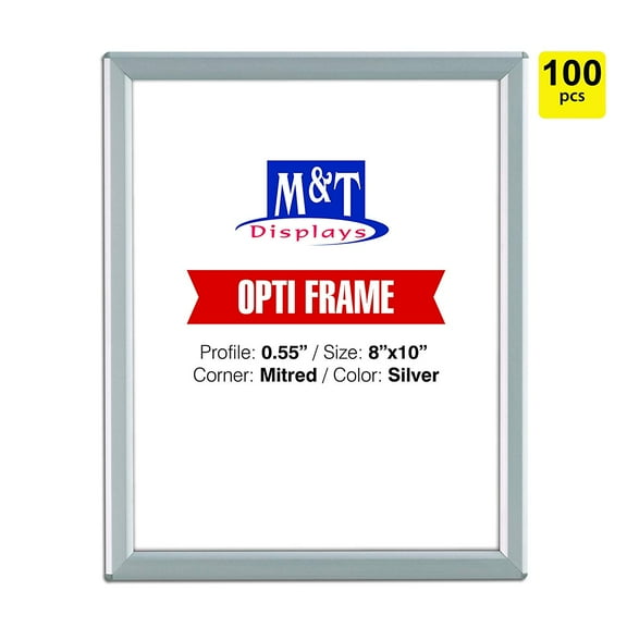 M&T Displays 8x10 Snap Frame, Mitered Corner, Opti Frame, Aluminum, Wall Mounted Frames - Silver / 100pcs / $6.75 Each