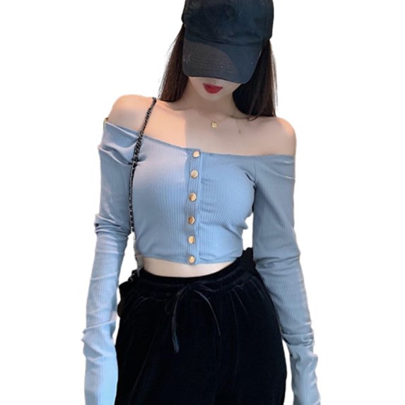 Ochine Women Summer Crop Top Cold Shoulder Boat Neck Button Down Solid Color Long Sleeves Knit Shirts Causal Sexy Tunic Fitted Fashion Blouses Sweater T Shirts, Average Size