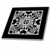 3dRose Hearts and Flowers Tile Design in Black and White - Ceramic Tile, 4-inch