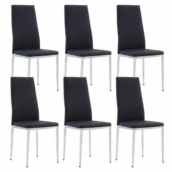 ECOBUY Dining Chairs Set of 6, Diamond Tufted PU Leather High Back, Black Silver Polished Chrome Legs, 15 in Seat for Kitchen Home