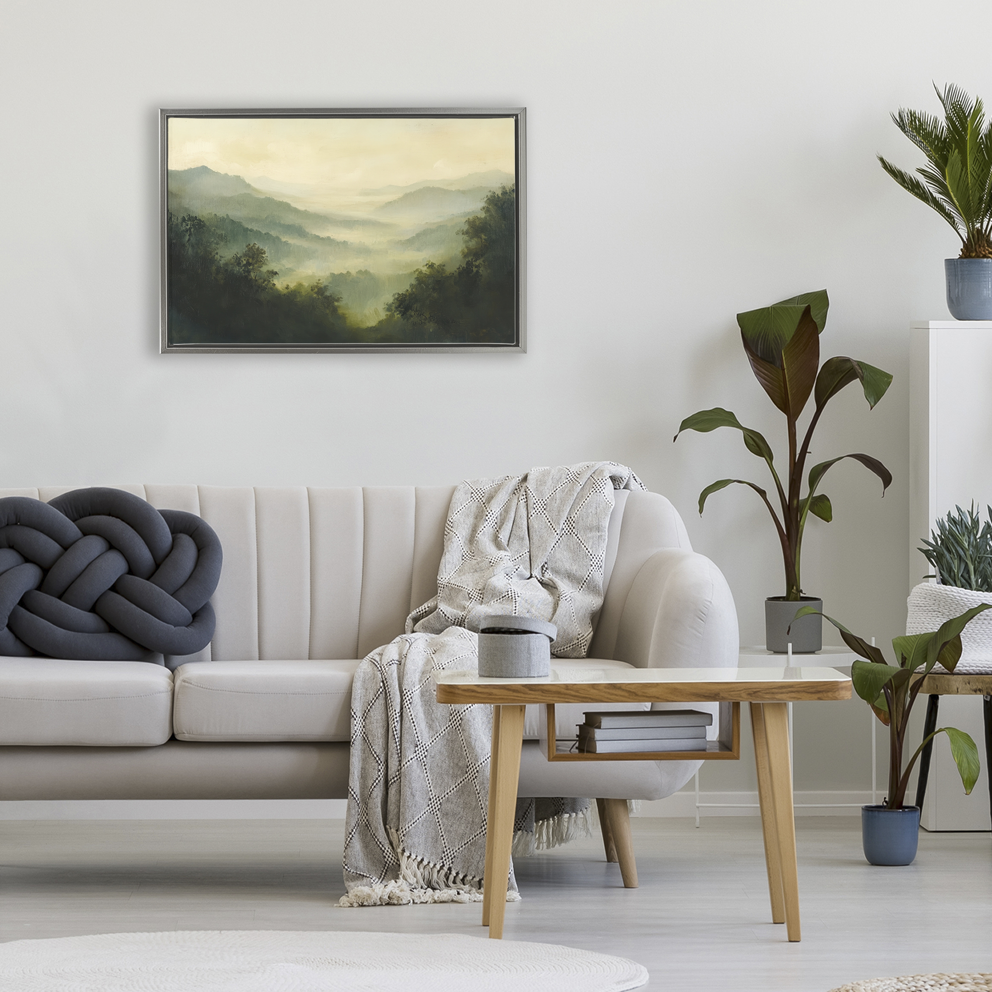 Through The Haze Landscape Gray Framed Floater Canvas Wall Art, design by Petal Prints Design
