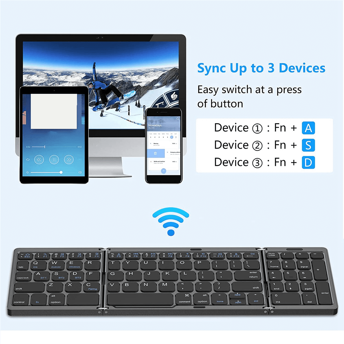 Foldable Bluetooth Keyboard, USB Rechargeable Wireless Keyboard for IOS, Android, PC Laptop Smartphone-Black