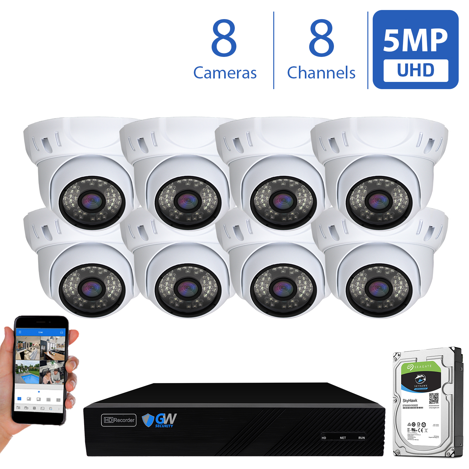 GW Security 8 Channel 4K H.265 NVR IP Camera PoE Smart AI Human Detection Surveillance System - (8) HD 5MP 1920P Weatherproof Outdoor / Indoor Dome Security Cameras - image 1 of 10