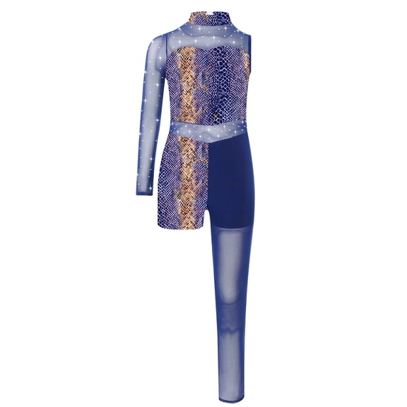 Miutii Girls Animal Print Leotard Star Gymnastics Wear Sparkle Rhinestone Asymmetrical Bodysuit Blue Snakeskin 8