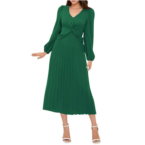 IROINNID Long Sleeve Dress for Women Knee-Length Formal Dress V Neck Long Sleeve Solid Pleated Dresses,Green