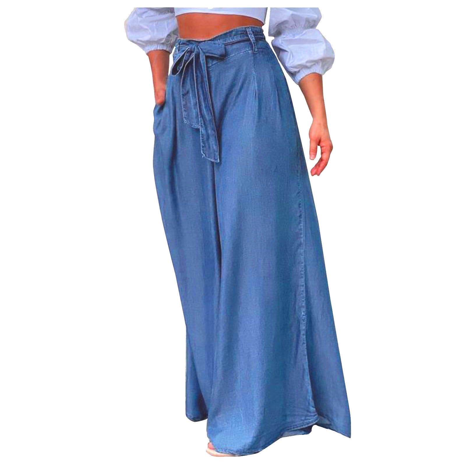 Wiyuqeen Women's Tie Front High Waist Denim Pants Pleated Wiyuqeen Women's Tie Front High Waist Denim Pants Pleated