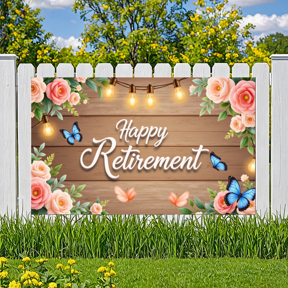 Floral Design Happy Retirement Decorative Banner Rose Pattern Butterfly Accent for Retirement Party Celebration Woodland Theme