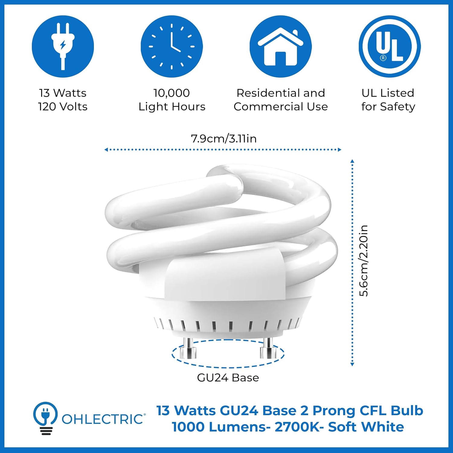 OHLECTRIC UL-Listed 13W Spiral T3 Compact Fluorescent Lamp Light Bulbs (4 Pack) with GU24 Base, 2 Prong Bulb, 1000 Lumens, 2700K Soft White Light Bulb - MLS13GUSWW, TCP 33213SSP