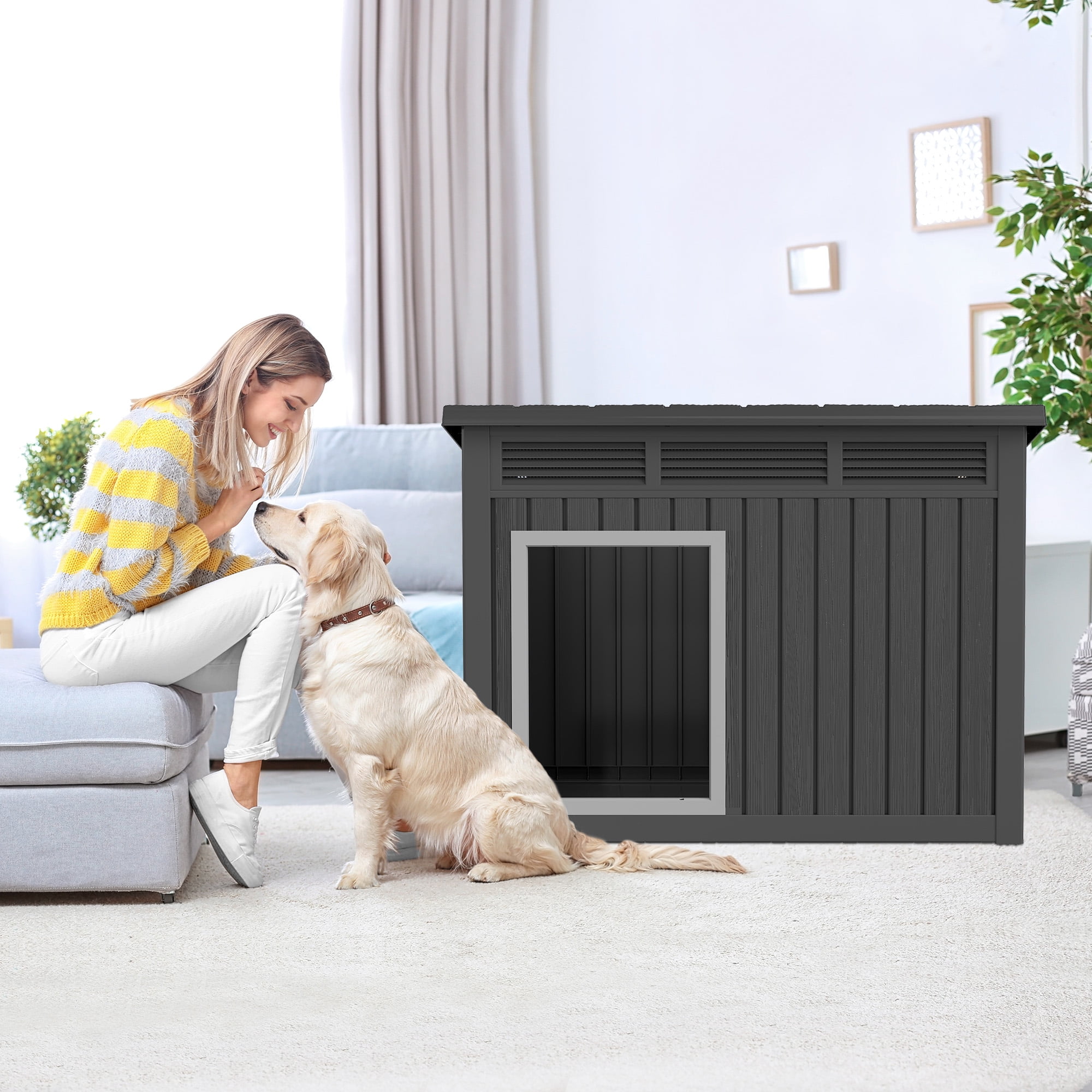 Bifanuo Waterproof Dog House, Indoor Outdoor Kennel with Ventilated Design & Sloping Roof for Medium to Large Dogs, Easy to Clean Design Pet Shelter，PP Material, Black,42.8" L x 33" W x 31.5" H