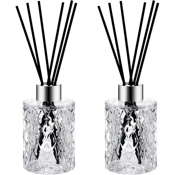 2 Set Empty Reed Diffuser Bottle Set with Stick, 150ml/5oz Clear Diffuser Glass Jars with Black Rattan Reed & Cap, for DIY Essential Oil, Fragrance, Home Fragrance, Bulk (Silver)