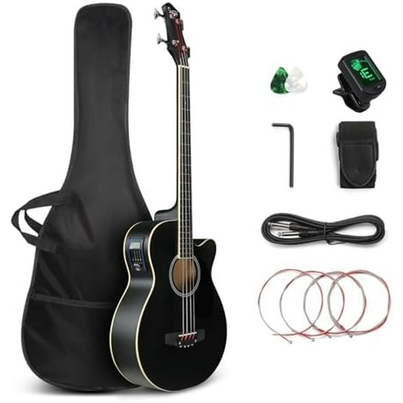 Full Size Acoustic Electric Bass Guitar Beginner Kit, Cutaway 4 Strings Electric Acoustic Bass Guitar w/Inbuilt Tuner, Bag, Strap, Picks, Strings, Basswood Bass Guitarra, Matte Black