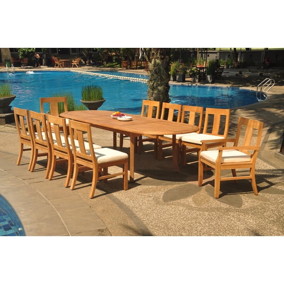 Grade-A Teak Dining Set: 10 Seater 11 Pc: 118" Double Extension Oval Table And 10 Osborne Chairs (2 Arm & 8 Armless Chairs) WholesaleTeak #WMDSWVm