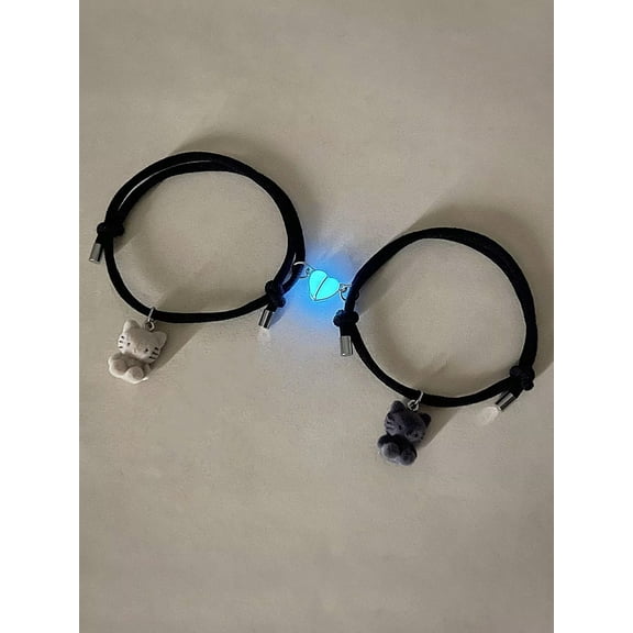 QQTDFG 2pcs Couple Grow In The Dark Cute Cat Magnetic Absorbing Heart Charm Bracelet-default