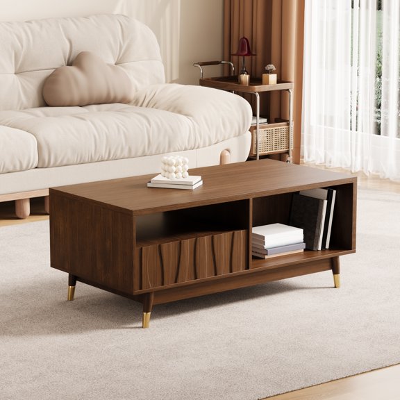 40" Wooden Coffee Table with 2 Drawers and Open Storage Mid Century Modern Coffee Table Suitable for Living Room Apartment(Walnut)