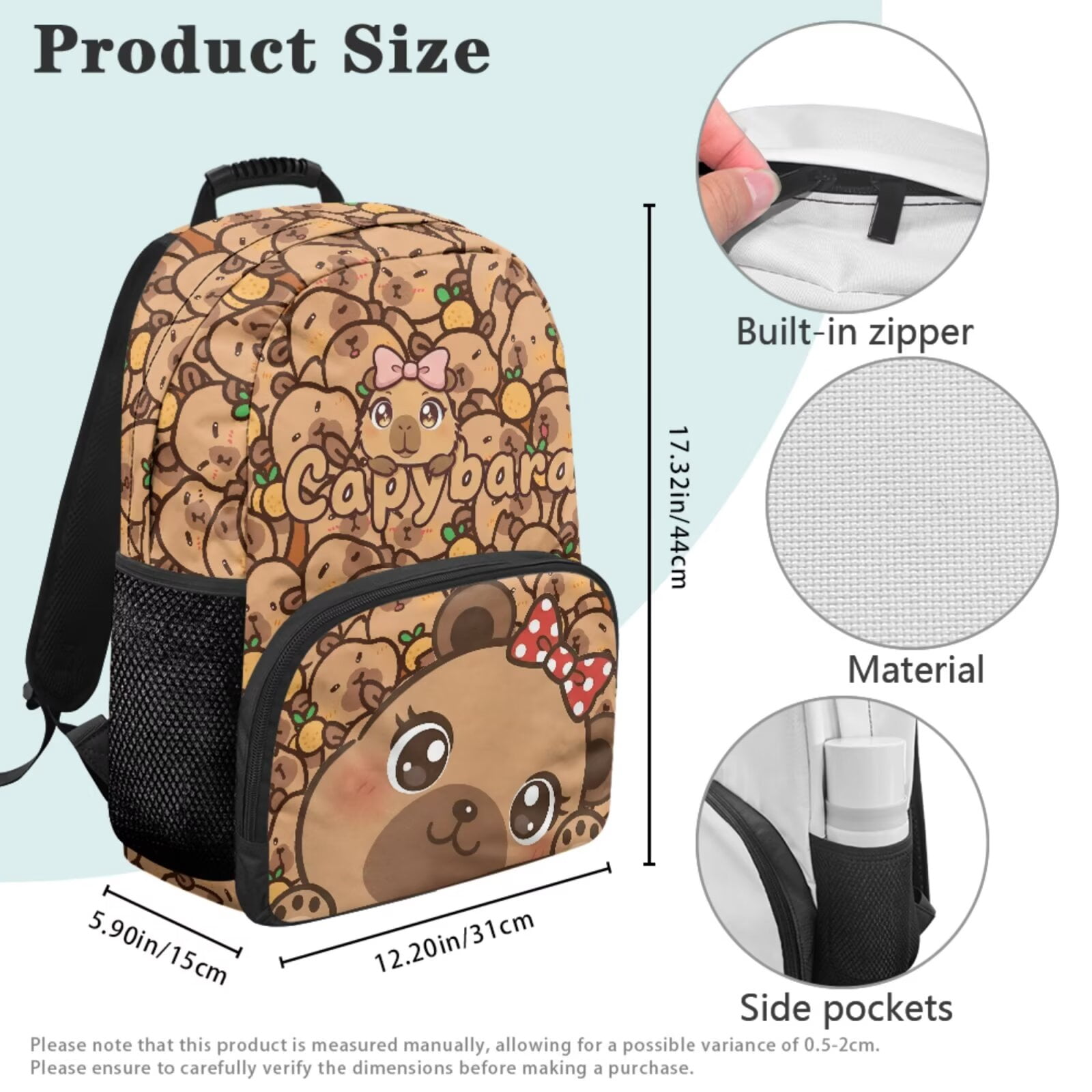 Pzuqiu Bow Capybara Kawaii Backpack School Backpacks for Girls Kids 17 Inch Backpacks with Lunch Box Pencil Bag 2pcs Bookmark,Cute Travel Rucksack for Kids Middle School