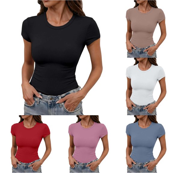 Wxolcjlv Womens Crew Neck Basic Casual T-Shirt Short Sleeve Slim Comfort Fit Office Daily Tee