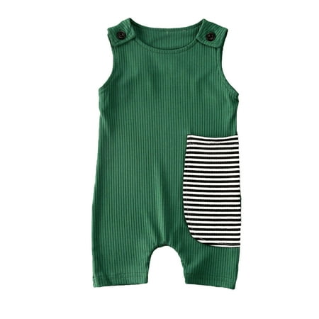 

Kids Baby Girls Boys Rib Stripe Sleeveless Jumpsuit Toddler Kids Round Neck Pull-on Jumpsuits Shorts Green 0-3M