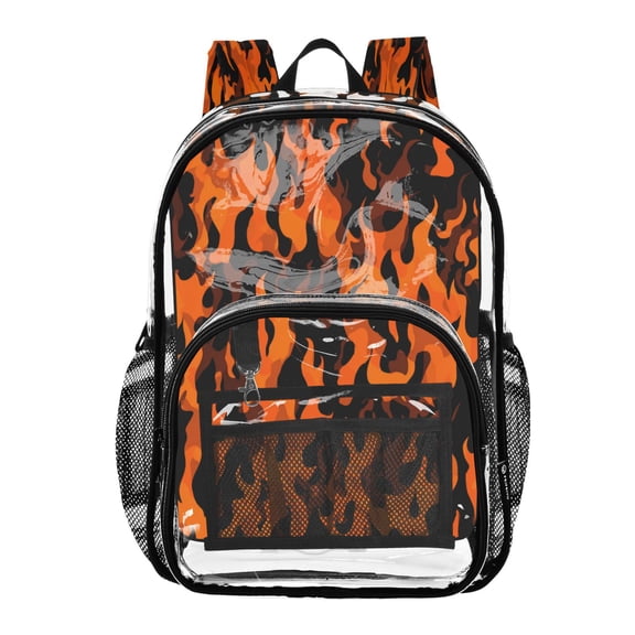 Clear PVC Backpack 12L Transparent Shoulder Bag with Mesh Pockets Orange and Black Flames