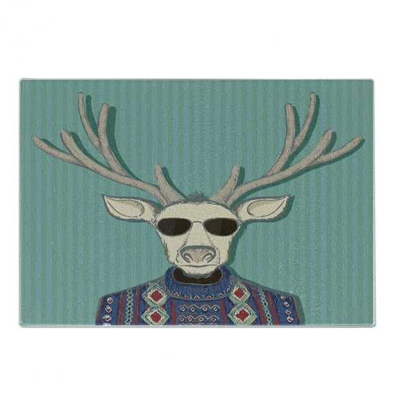 Hipster Cutting Board, Colorful Drawing of Anthropomorphic Deer with Sweater and Sunglasses on Stripes, Decorative Tempered Glass Cutting and Serving Board, in 3 Sizes, by Ambesonne