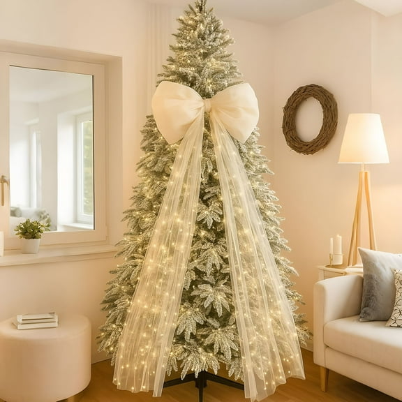 LAMIRO 49 Inches Christmas Tree Topper Bow Large Fluffy Tulle Christmas Bow for Car Giant Wreath Wall Decor with Long Streamers for Xmas Home Wedding Car Holiday Decor Supplies (White)