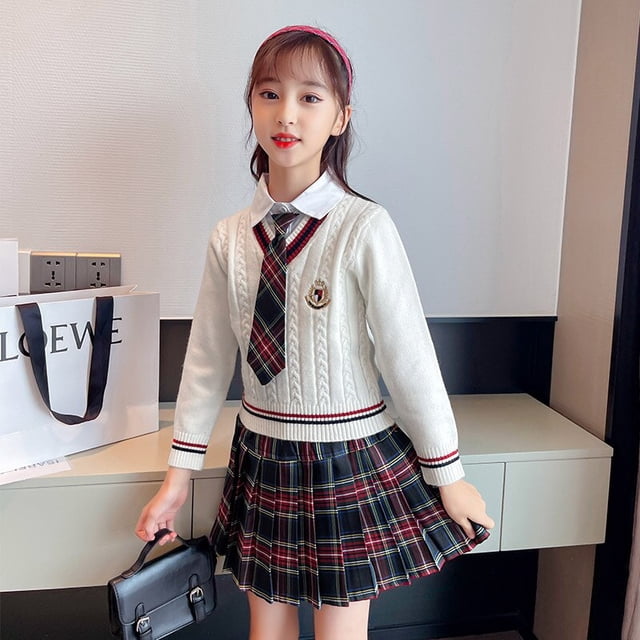 Conjuntos para niñas, uniforme escolar, Twinset, disfraz para niños, traje para niños, suéter Preppy, falda, ropa para adolescentes, ropa para niños 7T Gao Jinjia LED