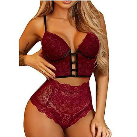 

Women s Bra and Panty Set Lace Lingerie Sets Strappy Babydoll Bodysuit 2PCS Outfits