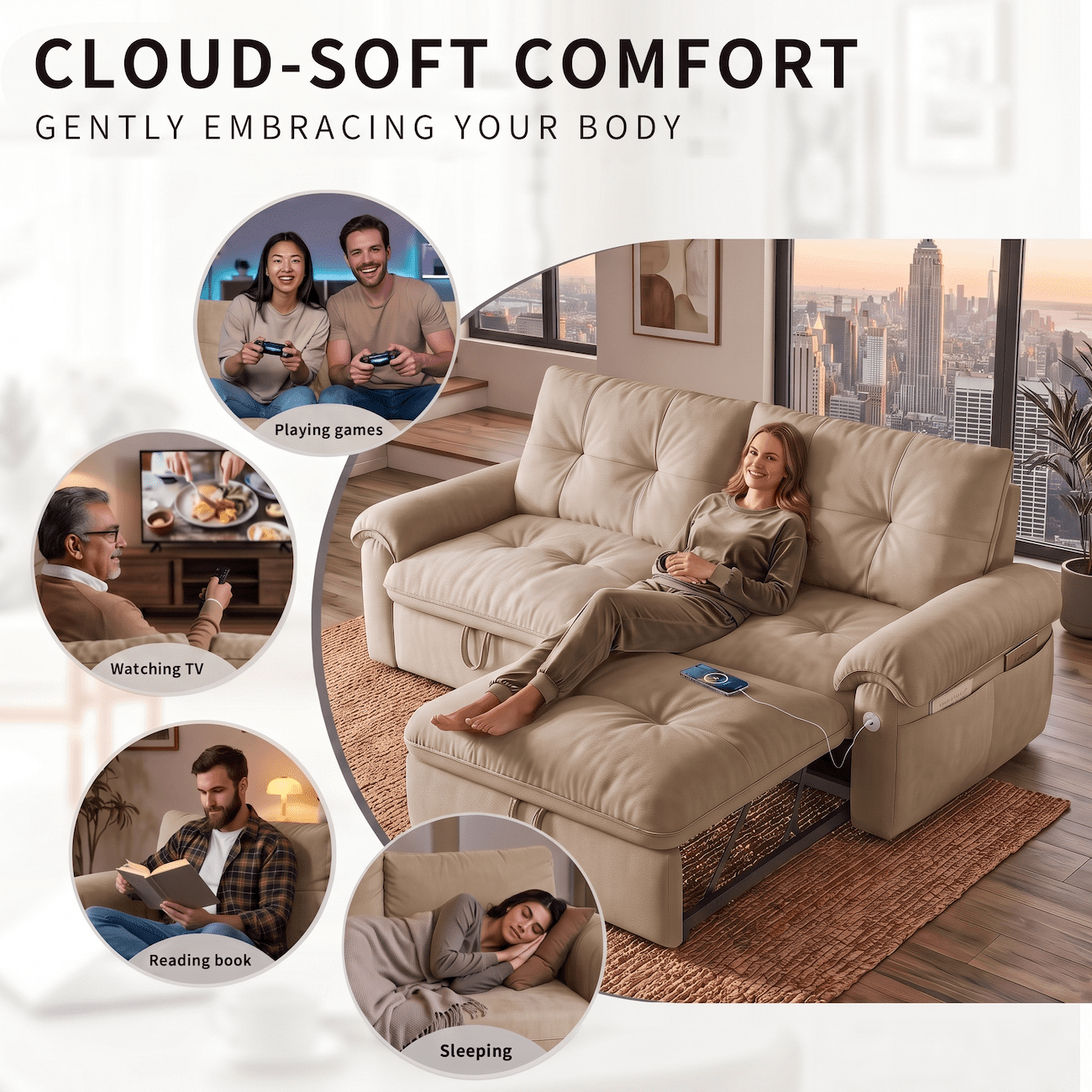 Xiweot Convertible Sleeper Sofa Bed, 77" Queen Size Pull Out Couch Bed with Adjustable Backrest, USB Ports & Side Pocket, Velvet Loveseat Sleeper for Living Room Small Space (Brown)