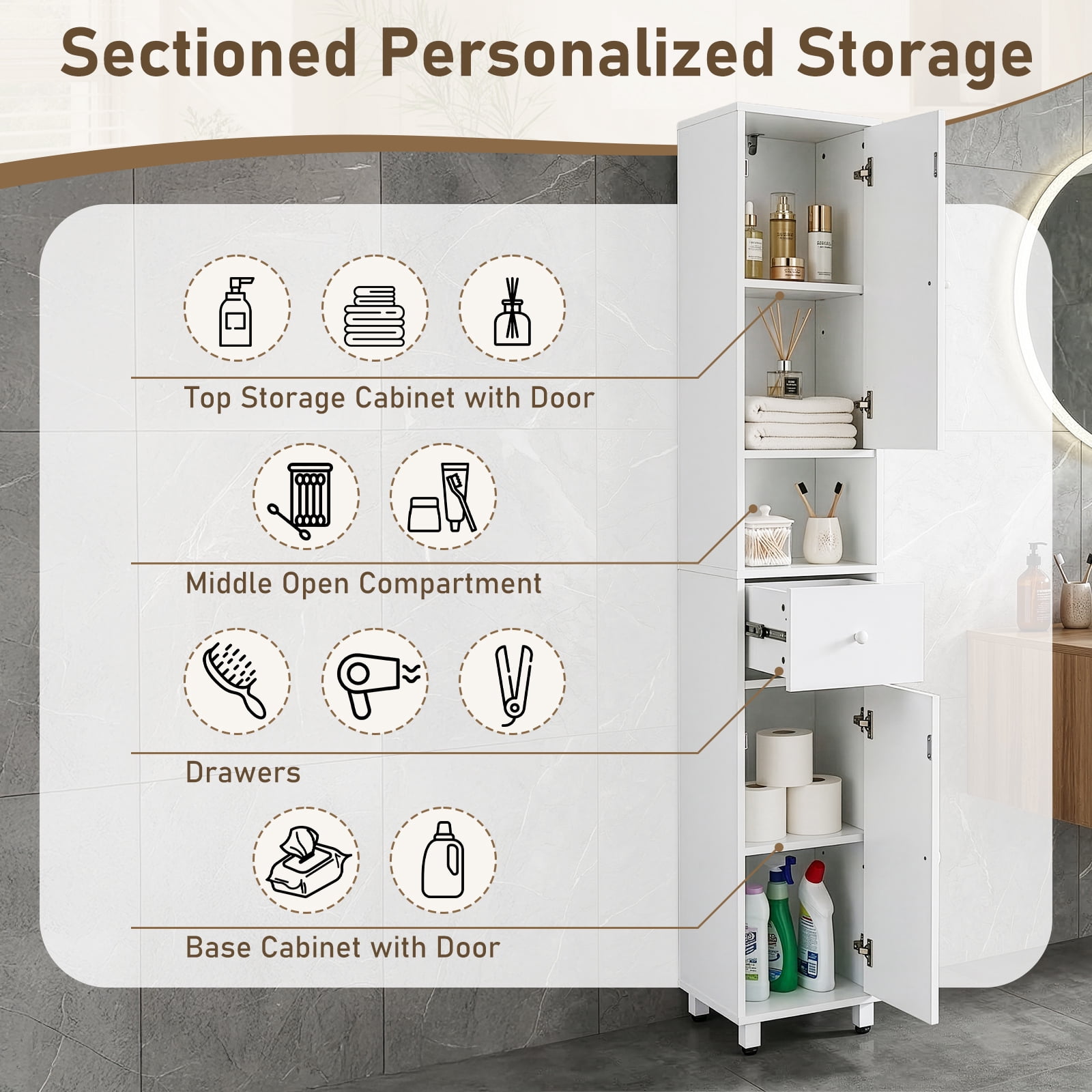 Ktaxon Bathroom Storage Cabinet Narrow Tall, Freestanding Cabinet Storage Tower with 2 Door 1 Drawer, White