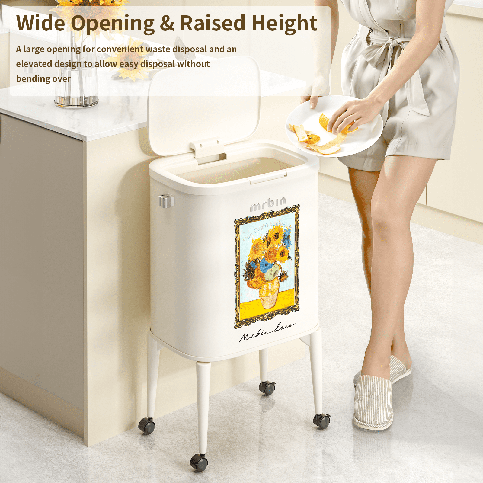 MRBIN Metal Kitchen Trash Can with Wheel Legs, 36L / 9.5gal Medium Press Lid Slim Waste Basket, Pet Proof Tall Narrow Garbage Pail for Vanity, Bedroom, Bathroom, Living Room, Sunflower
