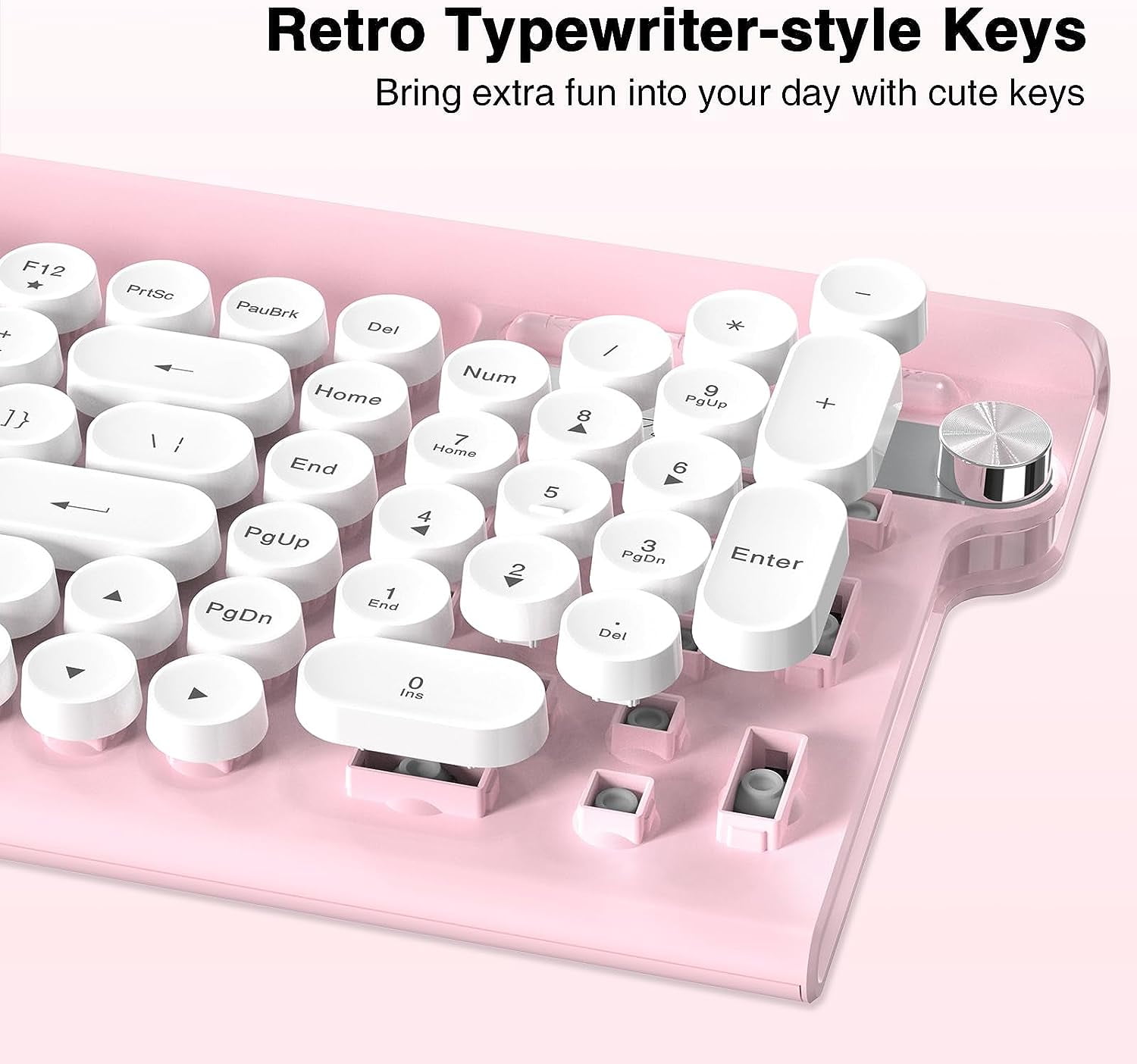 Wireless Keyboard and Mouse Combo, RaceGT Silent Keyboard Mouse Set, Retro Cute Typewriter Keyboard with Phone Tablet Holder, Round Keycaps, 2.4G Mouse Compatible with PC/Laptop/Computer(Pink)