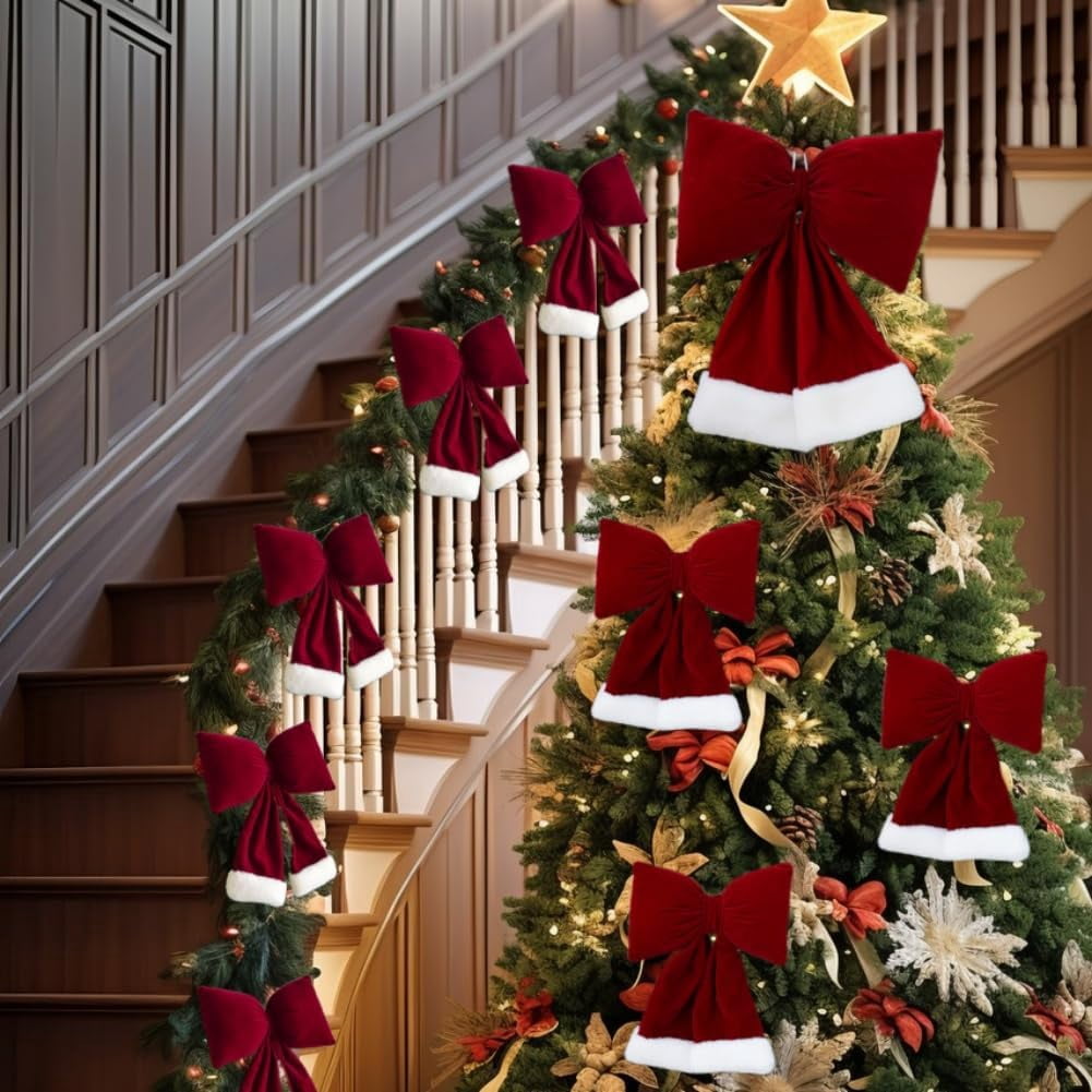 Dalrosia 6PCS Christmas Wine Red Bow Velvet Christmas Swag Bow Xmas Tree Hanging Decorations Christmas Bows Ornaments for Home Outdoor Indoor Party Fence Fireplace Stairs